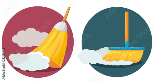 Broom dusting and and dust clouds