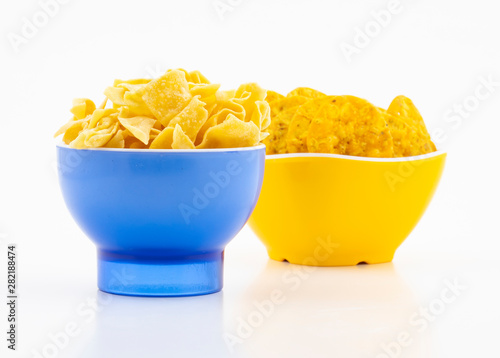 Indian Street Snack Food Besan Papdi With Masala Khari Papdi on White Background