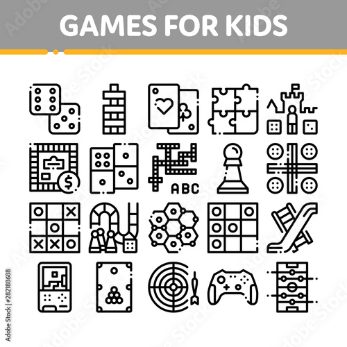 Interactive Kids Games Vector Thin Line Icons Set. Domino, Chess And Video Games Controller Linear Pictograms. Cards And Jenga, Tetris And Billiard, Monopoly And Darts Black Contour Illustrations
