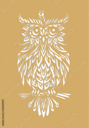 Vector stylized owl silhouette. Laser cutting template. Die cut card.