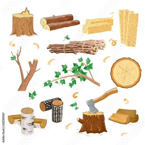 Vector image set of different examples of wood for firewood industry deforestation cartoon isolated illustration.