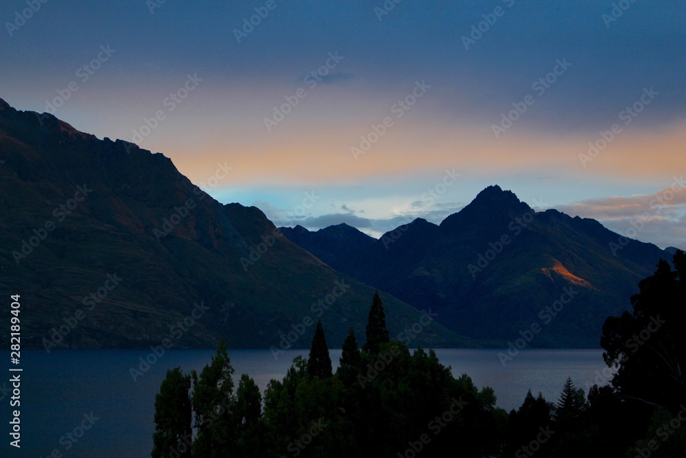 Sunset over Lake Wakatipu, Queenstown, New Zealand, Aotearoa