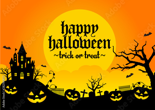Halloween silhouette background vector illustration. Poster (flyer) template design / orange