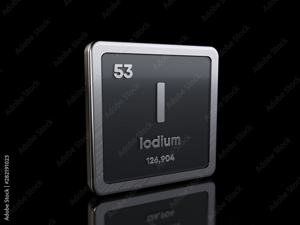 Iodine I, element symbol from periodic table series. 3D rendering isolated on black background Iodine I, element symbol from periodic table series. 3D rendering isolated on black background
