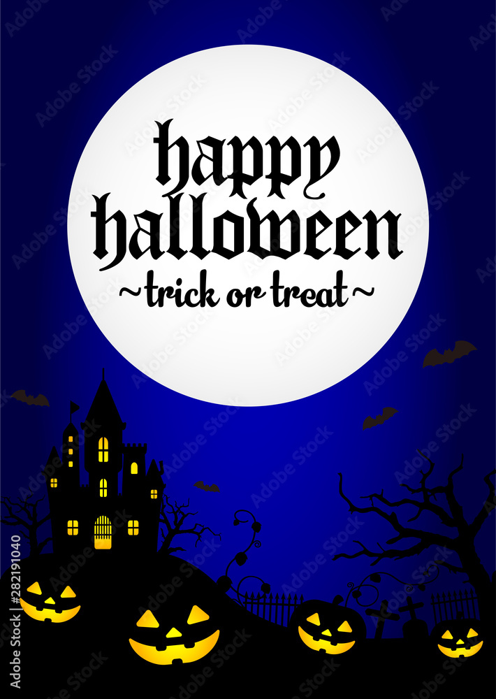 Halloween silhouette background vector illustration. Poster (flyer) template design / blue