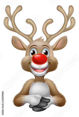 Christmas reindeer cartoon character with a big red nose