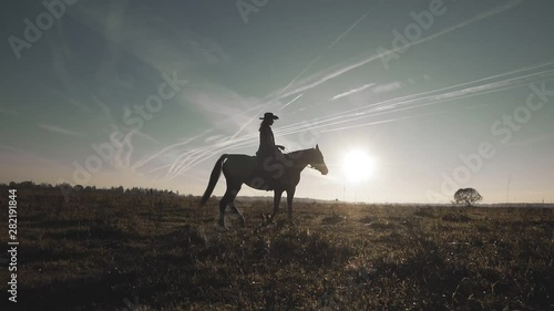 Silhouette of cowgirl at horse at sunset field in slow motion. Beautiful woman riding horse outdoors. Wide angle