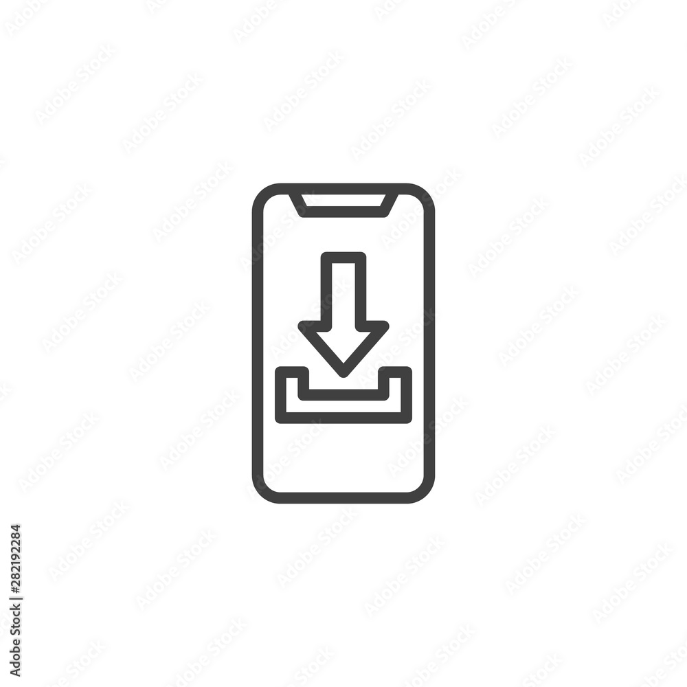 Mobile phone download line icon. linear style sign for mobile concept and web design. Smartphone download notification outline vector icon. Symbol, logo illustration. Vector graphics Mobile phone download line icon. linear style sign for mobile concept and web design. Smartphone download notification outline vector icon. Symbol, logo illustration. Vector graphics