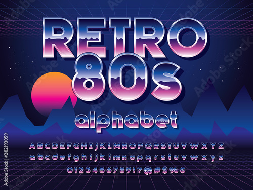 Vector of 80s stylized retro alphabet design with metallic effect