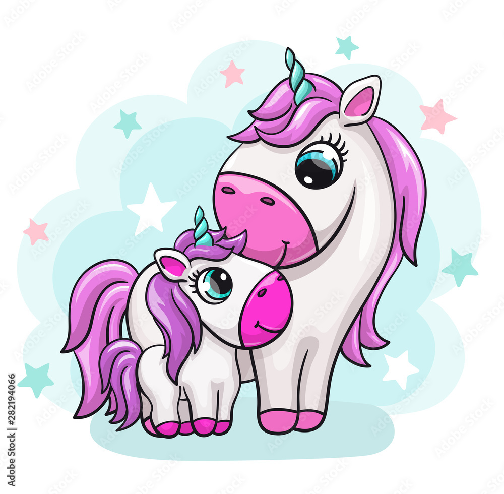 Unicorn baby with mom cute print. Sweet tiny pony family. Cool animal with star