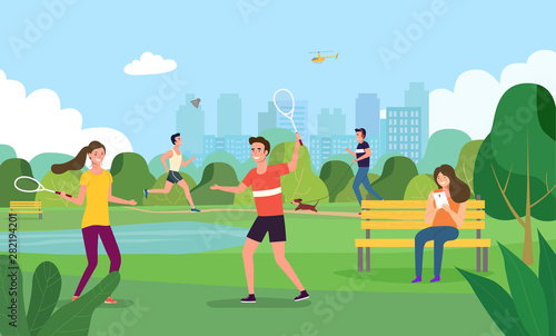 Vector summertime flat illustration. Happy people in the city park.