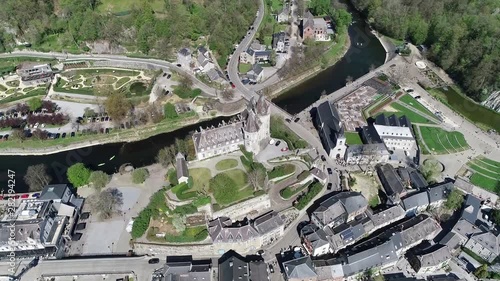 Aerial bird view of Durbuy is a Walloon city and municipality located in the Belgian province of Luxembourg and known in Belgium as the nation's smallest town also a popular tourist destination 4k