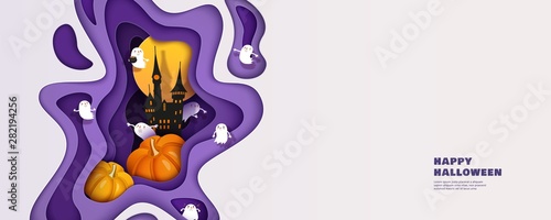 Happy Halloween 3d papercut layered design. Castle, pumpkin, moon, ghosts. Horizontal banner, flyer, poster with multilayered effect and place for text. Vector illustration
