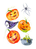 Holiday kit for Halloween, pumpkin,wizard's hat,a spider and bottles of potion. Watercolor illustration isolated on white background