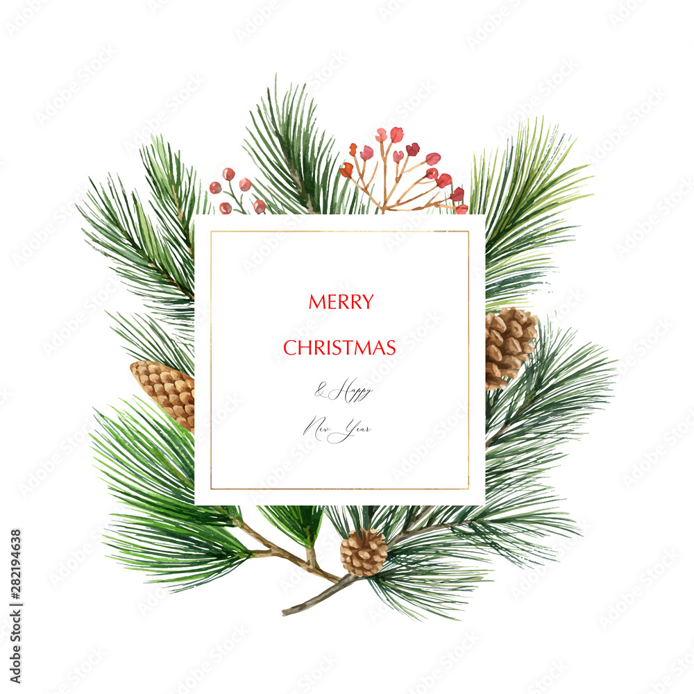 Watercolor vector Christmas frame with fir branches and place for text.