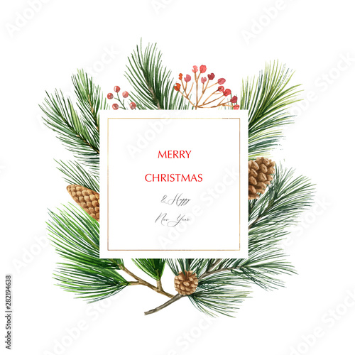 Watercolor vector Christmas frame with fir branches and place for text.