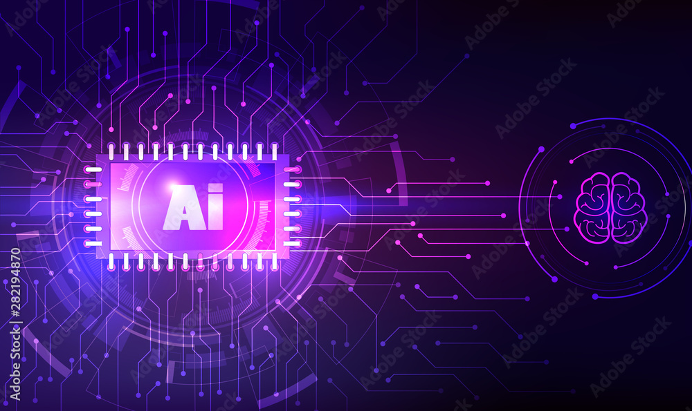 Obraz premium Artificial Intelligence and Machine Learning Concept. Vector illustration symbol AI. Microchip and another modern technologies concepts.