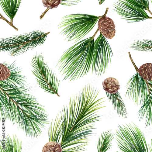 Watercolor vector Christmas seamless pattern with green fir branches and cones.