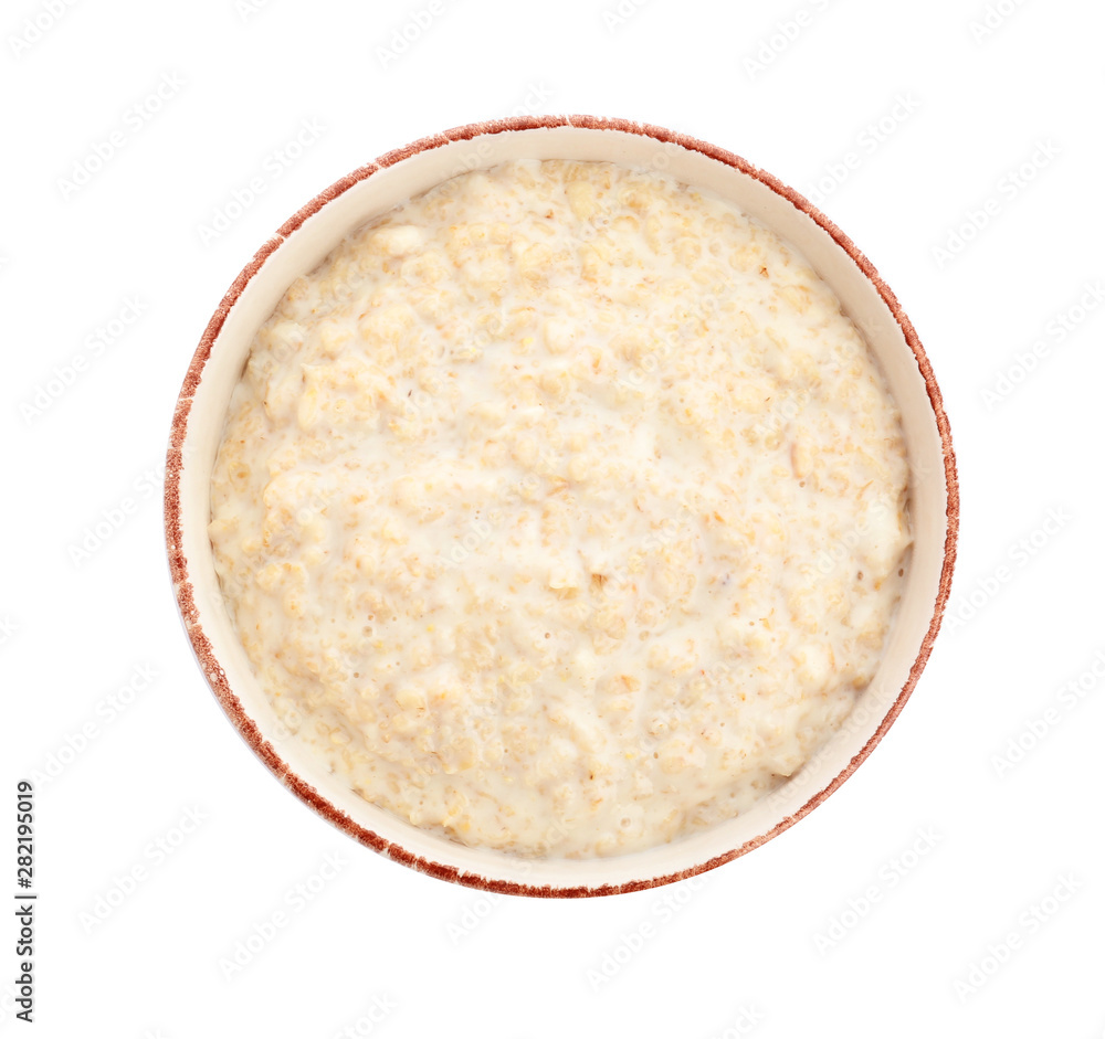 Bowl with tasty oatmeal on white background Bowl with tasty oatmeal on white background
