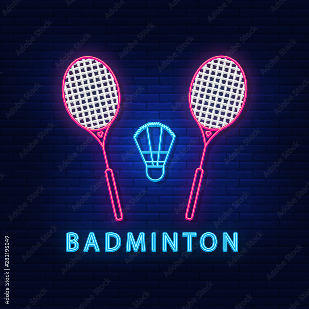 Neon illumination of badminton. Bright racket shuttlecock ...