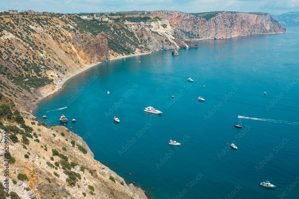 Bay. Top view of the sea with ships from the cape