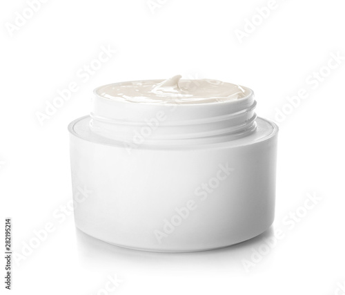 Jar of body cream on white background
