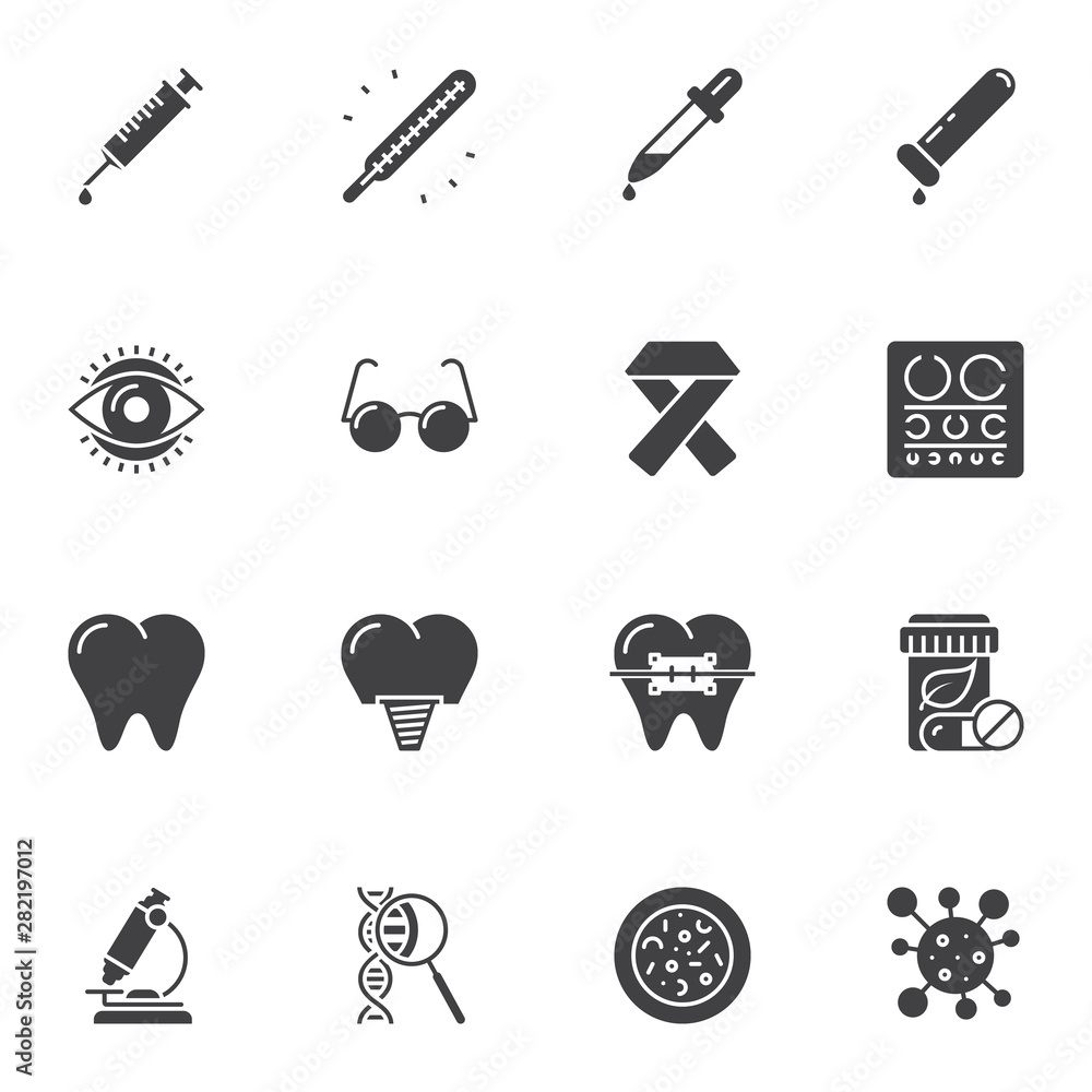 Medical universal vector icons set, modern solid symbol collection, filled style pictogram pack. Signs, logo illustration. Set includes icons as syringe injection, dental implant, molecule, microscope