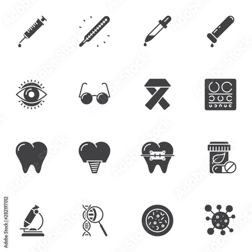Medical universal vector icons set, modern solid symbol collection, filled style pictogram pack. Signs, logo illustration. Set includes icons as syringe injection, dental implant, molecule, microscope