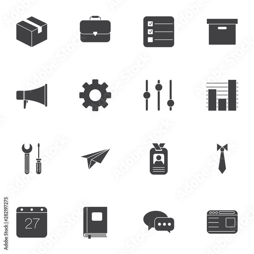 Office vector icons set, modern solid symbol collection filled style pictogram pack. Signs, logo illustration. Set includes icons as cardboard box, briefcase, badge, calendar, loudspeaker, gear, paper