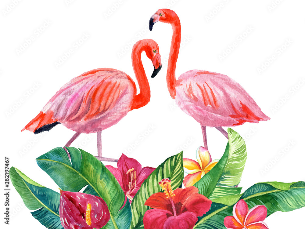 Watercolor illustration of beautiful flamingo among tropical leaves isolated on white background