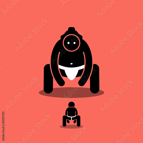 Tiny man vs big Japanese sumo fighter. Vector artwork depicts a small person ready to fight with a large giant sumo. Concept of challenge, boss fight, difficult level, and underdog.