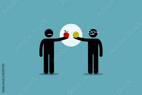 Comparing apple with orange. Vector artwork of two different man holding an apple and orange, and start to compare them to each other. Concept of difference, incomparable, impractical, and pointless.