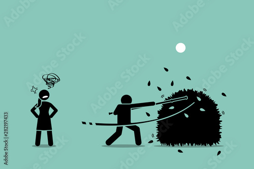 Stop beating around the bushes. Vector artwork of a man using a stick to beat around the bushes while the woman gets annoyed by him for failing to be straight forward of what he actually wanted.