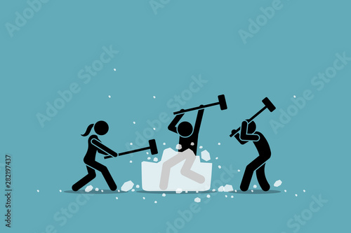 Ice breaking or icebreaker activity, game and event. Vector artwork of a group of people using sledgehammer to break a large ice. Concept of knowing each member and warm up for participants meeting.