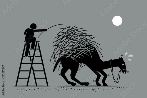 The last straw that breaks the camel back. Vector artwork depicts a man putting one a straw to an already overburdened camel back. Concept depicts overworked, pressure, and final tolerable event. photo