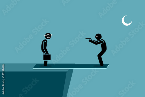 Harming other people and self harm at the same time. Man try to kill another person while standing on a plank outside the ledge of a hill. If the other person dies, he will die too by falling down.