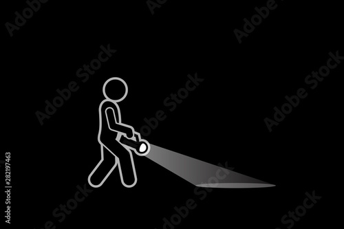 Man holding a flashlight looking and searching for something in the dark place. Vector artwork of a person walking and finding way or thing with a shinning torch light.