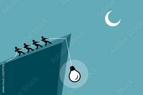 People pulling an idea up from falling down the cliff by using rope. Vector artwork depicts the concept of teamwork, team cooperation, combining effort, collaboration, and working together.