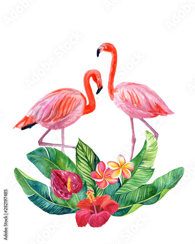 Watercolor illustration of beautiful pink flamingos with tropical flowers and leaves isolated on white background