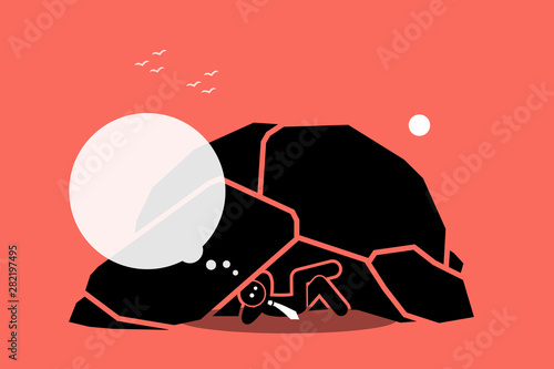 Man living under a rock or cave. Vector artwork depicts a businessman staying and living under a rock while thinking. Concept of ignorant, isolation, idiot, oblivious, unaware, and foolish.