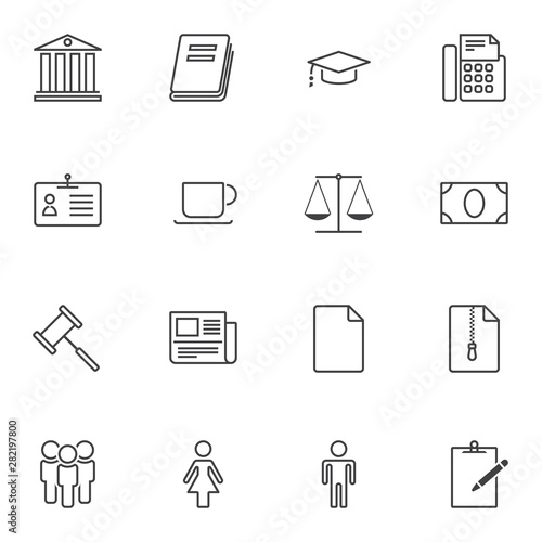 Auction universal line icons set. linear style symbols collection, outline signs pack. vector graphics. Set includes icons as courthouse building, judge gavel, scales, mallet hammer, money, newspaper