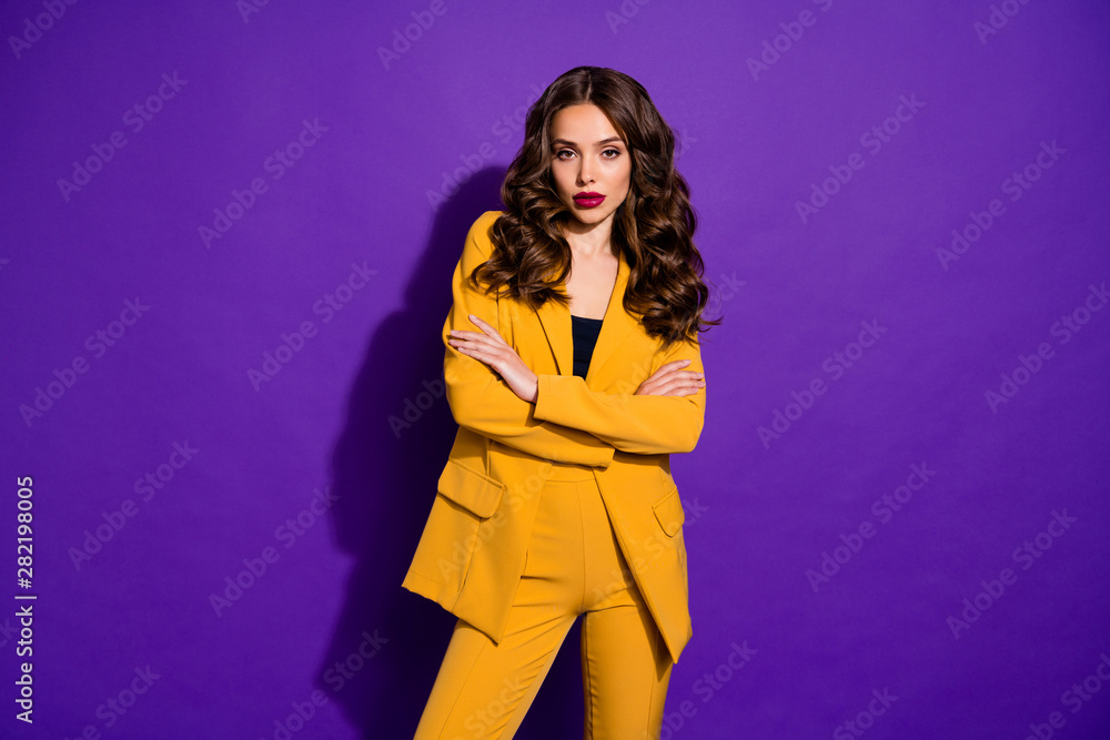 Photo of irresistible girlfriend who evidently succeeded in all businesses she has ever taken part in while isolated with purple background Photo of irresistible girlfriend who evidently succeeded in all businesses she has ever taken part in while isolated with purple background