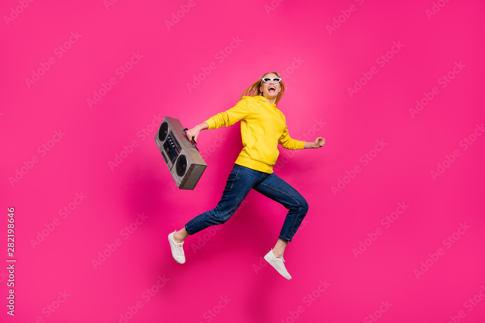 Full size photo of cool lady jumping high arranging weekend meeting wear casual outfit isolated pink background