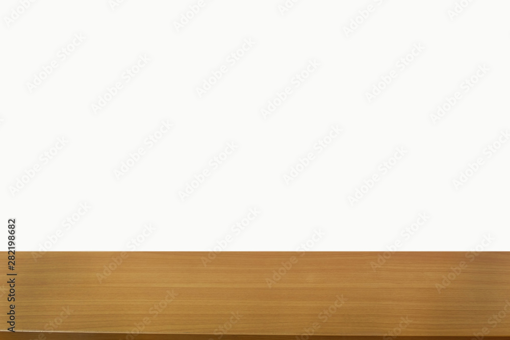Empty wooden table on white background.