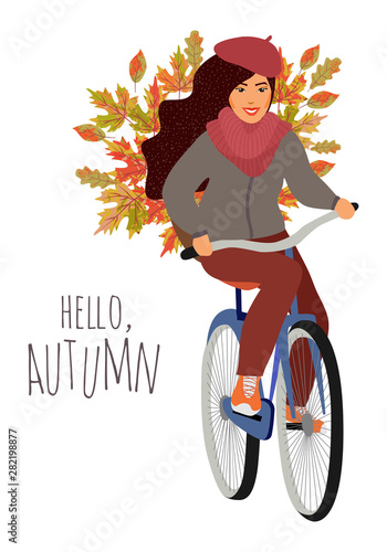 Hello, Autumn. Young girl riding a bike with a basket of maple and oak leaves. Cute flat vector hand-drawn illustration on white background.
