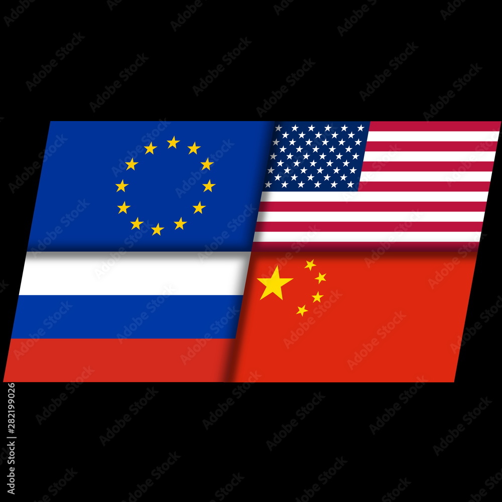 Naklejka premium Four flags countries - the United States, Russia, China and the United Europe. 3D illustration