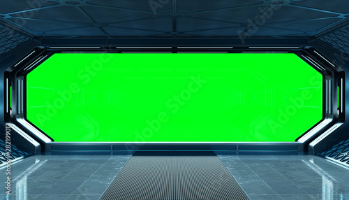 Fototapeta Naklejka Na Ścianę i Meble -  Dark blue spaceship futuristic interior mockup with window 3d rendering