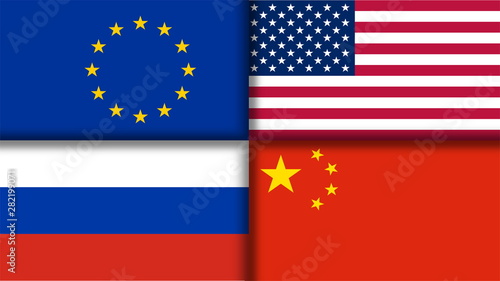 Four flags countries - the United States, Russia, China and the United Europe. 3D illustration