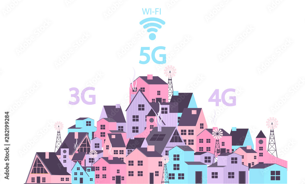 Obraz premium Flat vector illustration background with mobile smart city and Wifi signal 3G, 4G, 5G. Editable vector illustration