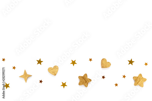 Christmas card. Background with gold stars and hearts.